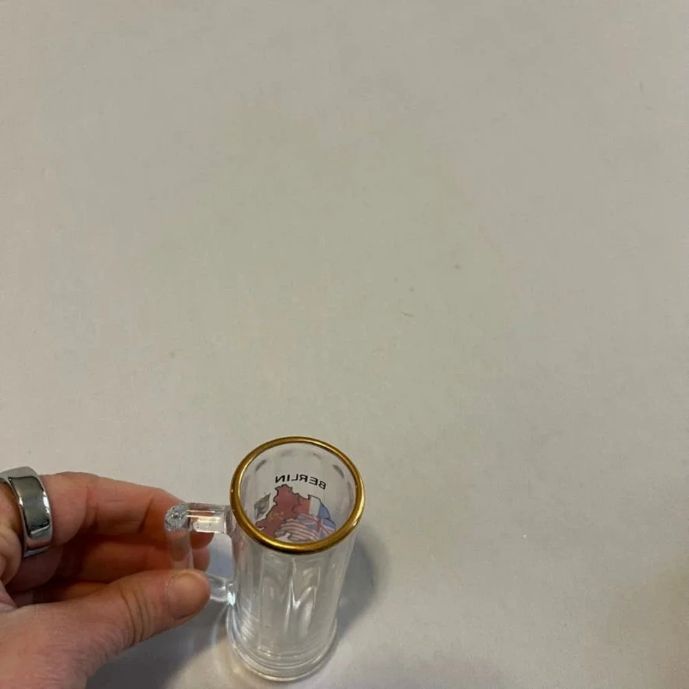 5/$25 Berlin double shot glass Checkpoint Charlie beer glass shaped